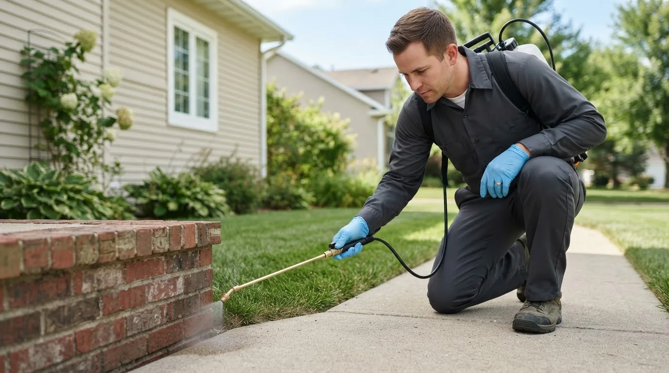 Pest control technician treating a home near Tully, NY