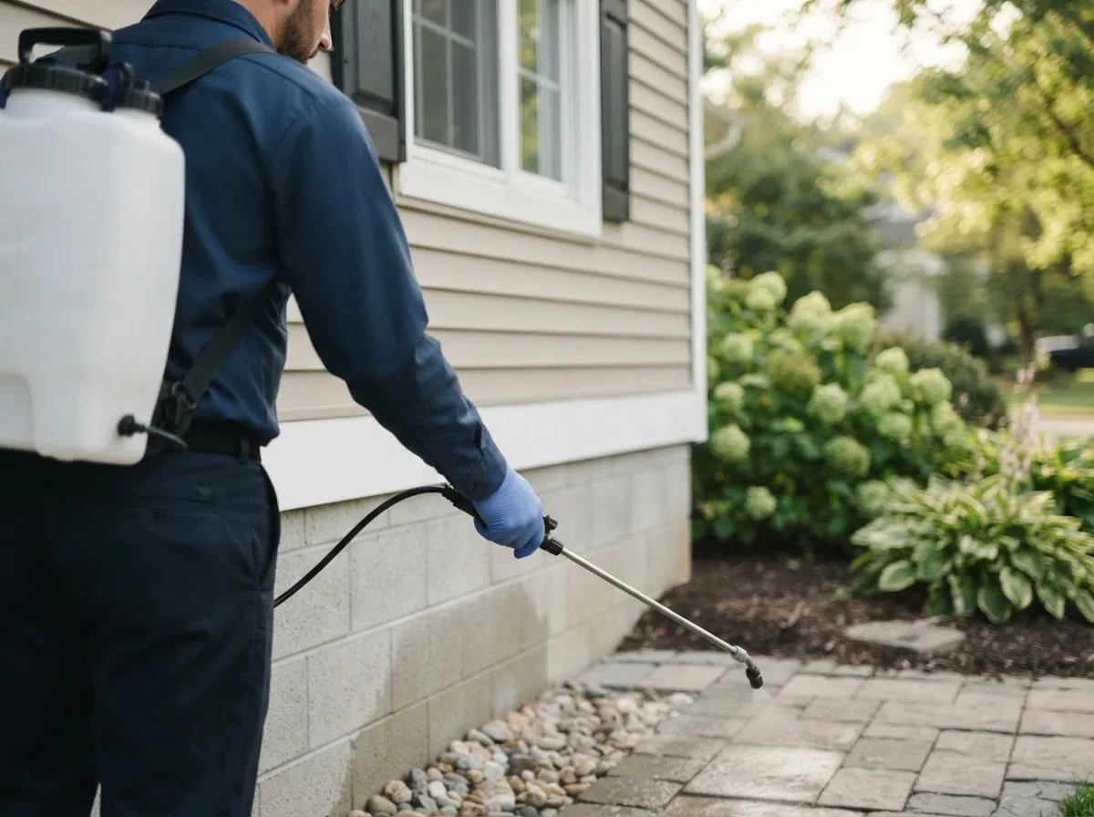 Pest control technician inspecting a home in Tully, NY